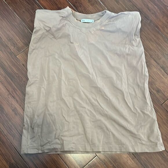 Zara Brown Top - Shoulder Pads - Bleached Top LIKE NEW Top - Size Small - Picture 1 of 5